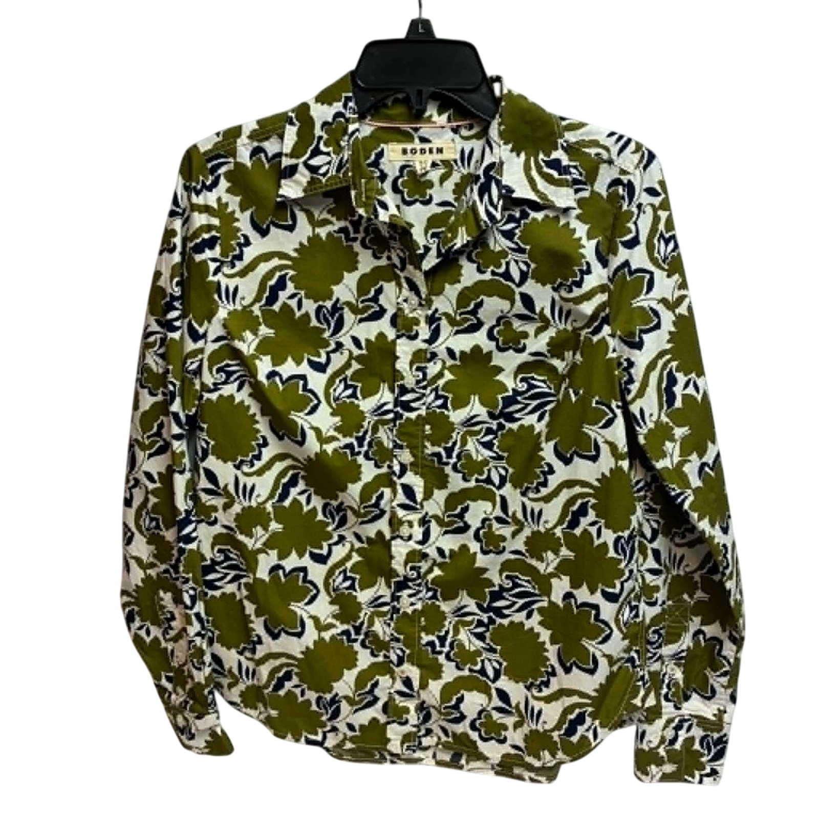 Boden Button Down Shirt Womens 6 Green Navy Floral Long Sleeve